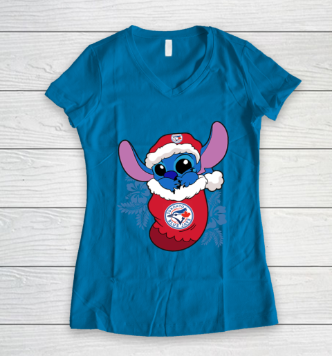 Toronto Blue Jays Christmas Stitch In The Sock Funny Disney MLB Women's V-Neck T-Shirt 7