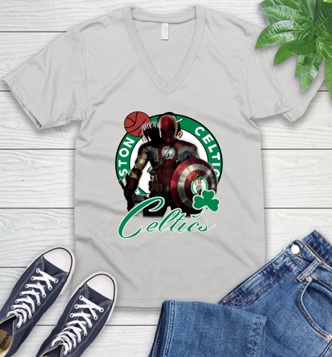 Boston Celtics NBA Basketball Captain America Thor Spider Man Hawkeye Avengers V-Neck T-Shirt