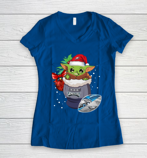 Philadelphia Eagles Christmas Baby Yoda Star Wars Funny Happy NFL Women's V-Neck T-Shirt 9