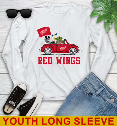 NHL Hockey Detroit Red Wings Darth Vader Baby Yoda Driving Star Wars Shirt Youth Long Sleeve