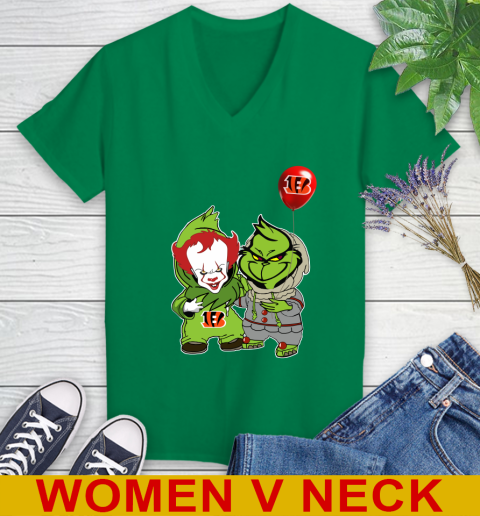 Cincinnati Bengals Baby Pennywise Grinch Christmas NFL Football Women's V-Neck T-Shirt 6
