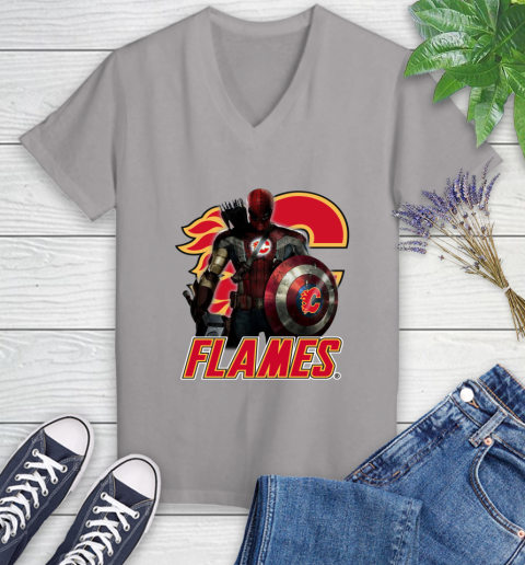 NHL Captain America Thor Spider Man Hawkeye Avengers Endgame Hockey Calgary Flames Women's V-Neck T-Shirt 4