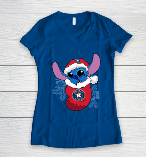 Houston Astros Christmas Stitch In The Sock Funny Disney MLB Women's V-Neck T-Shirt 9