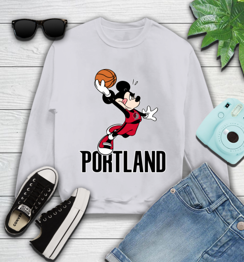 NBA Basketball Portland Trail Blazers Cheerful Mickey Mouse Shirt Youth Sweatshirt 4