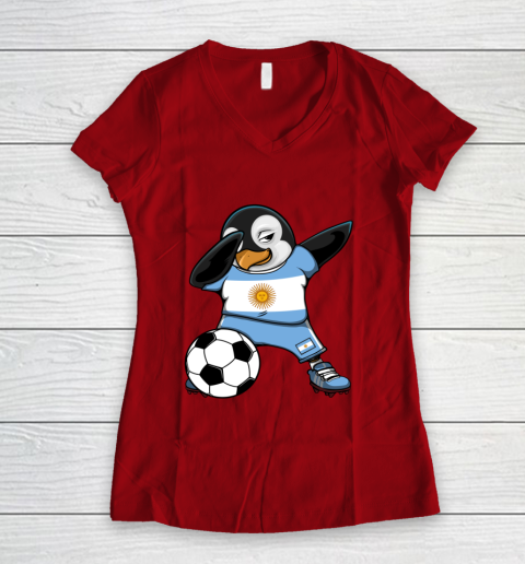 Dabbing Penguin Argentina Soccer Fans Jersey Football Lovers Women's V-Neck T-Shirt 6