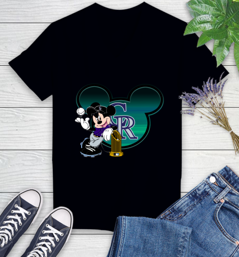 MLB Colorado Rockies The Commissioner's Trophy Mickey Mouse Disney Women's V-Neck T-Shirt 2