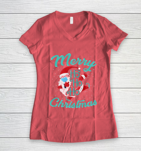 Merry Christmas Ho Ho Ho Santa Claus Wearing A Face Mask Women's V-Neck T-Shirt 4