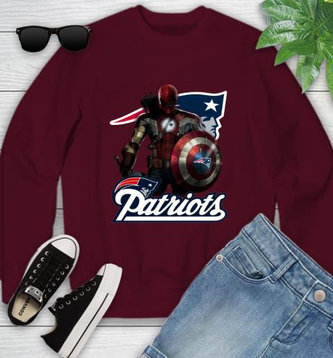 NFL Captain America Thor Spider Man Hawkeye Avengers Endgame Football New England Patriots Youth Sweatshirt 5