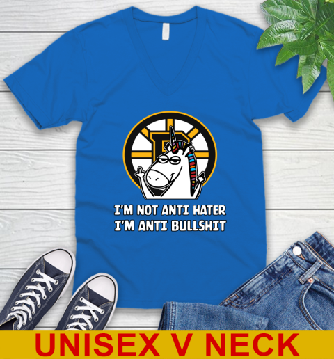 Boston Bruins NHL Hockey Unicorn I'm Not Anti Hater I'm Anti Bullshit V-Neck T-Shirt 6