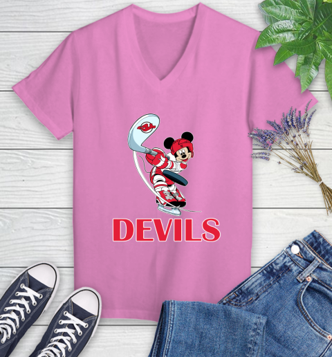 NHL Hockey New Jersey Devils Cheerful Mickey Mouse Shirt Women's V-Neck T-Shirt 12