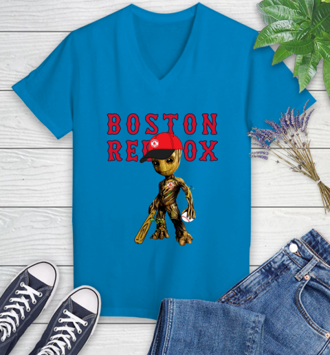 MLB Boston Red Sox Groot Guardians Of The Galaxy Baseball Women's V-Neck T-Shirt 7