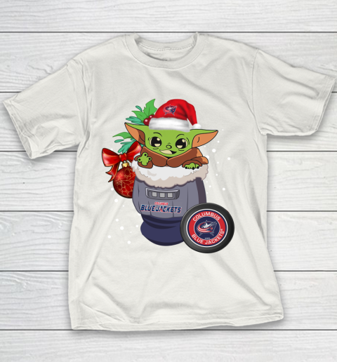 Columbus Blue Jackets Christmas Baby Yoda Star Wars Funny Happy NHL Youth T-Shirt 3