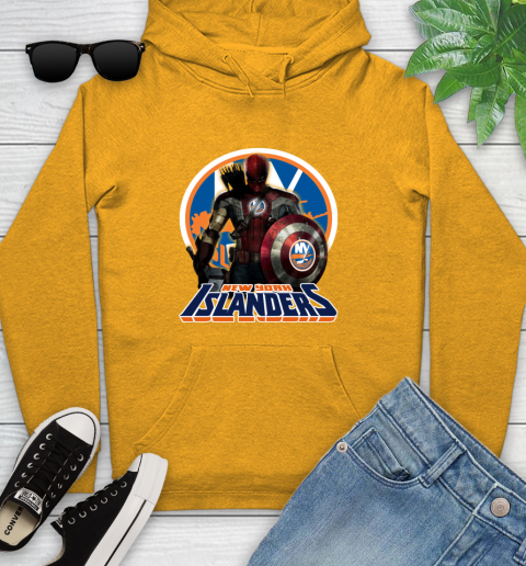 NHL Captain America Thor Spider Man Hawkeye Avengers Endgame Hockey New York Islanders Youth Hoodie 3