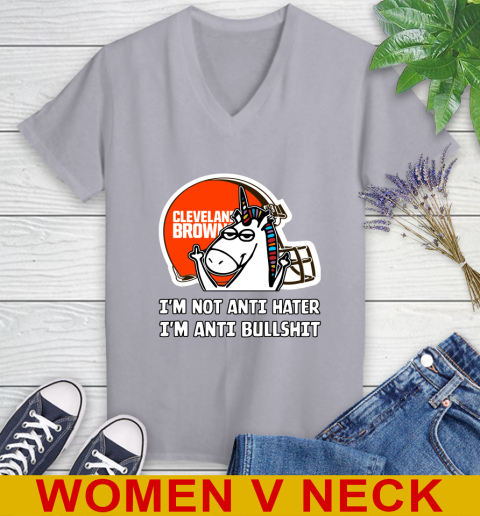 Cleveland Browns NFL Football Unicorn I'm Not Anti Hater I'm Anti Bullshit Women's V-Neck T-Shirt 5