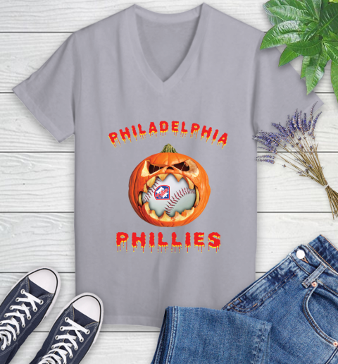 MLB Philadelphia Phillies Halloween Pumpkin Baseball Sports Women's V-Neck T-Shirt 4