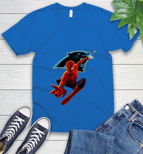 NFL Spider Man Avengers Endgame Football Carolina Panthers V-Neck T-Shirt 6