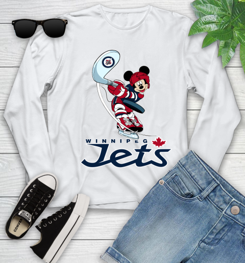 NHL Hockey Winnipeg Jets Cheerful Mickey Mouse Shirt Youth Long Sleeve 2