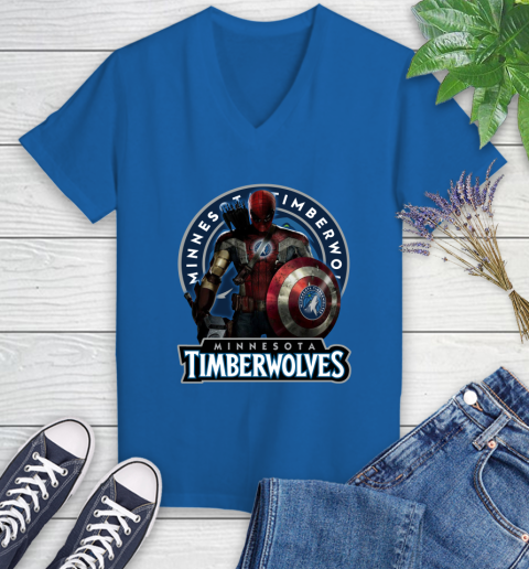 Minnesota Timberwolves NBA Basketball Captain America Thor Spider Man Hawkeye Avengers Women's V-Neck T-Shirt 10