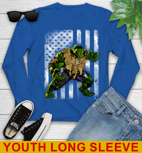 Anaheim Ducks Hulk Marvel Avengers NHL Hockey American Flag Youth Long Sleeve 10