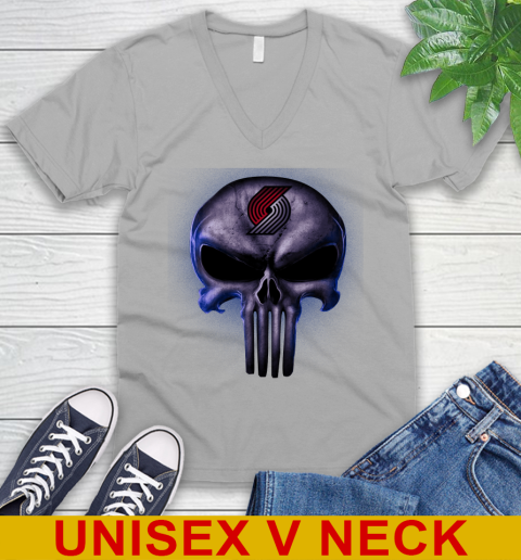 Portland Trail Blazers NBA Basketball Punisher Skull Sports V-Neck T-Shirt 3