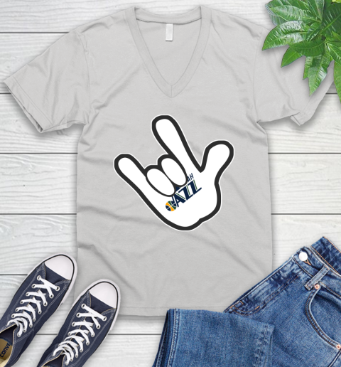 Utah Jazz NBA Basketball Mickey Rock Hand Disney V-Neck T-Shirt