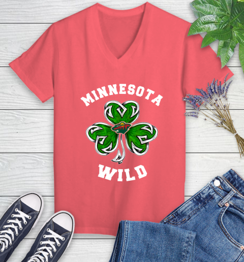 NHL Minnesota Wild Three Leaf Clover St Patrick's Day Hockey Sports Women's V-Neck T-Shirt 6