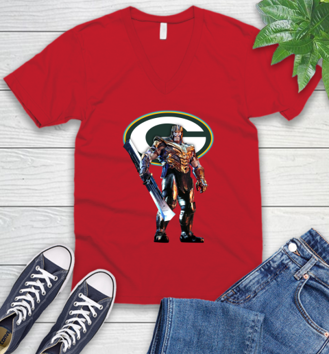 NFL Thanos Gauntlet Avengers Endgame Football Green Bay Packers V-Neck T-Shirt 7
