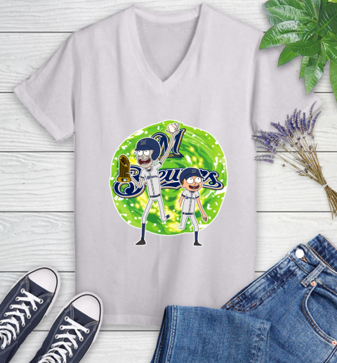MLB Milwaukee Brewers Rick And Morty Commissioner's Trophy Baseball Sports Women's V-Neck T-Shirt
