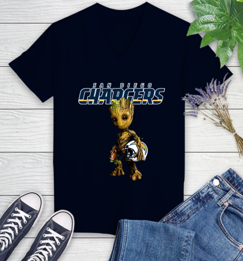 Los Angeles Chargers NFL Football Groot Marvel Guardians Of The Galaxy Women's V-Neck T-Shirt 3