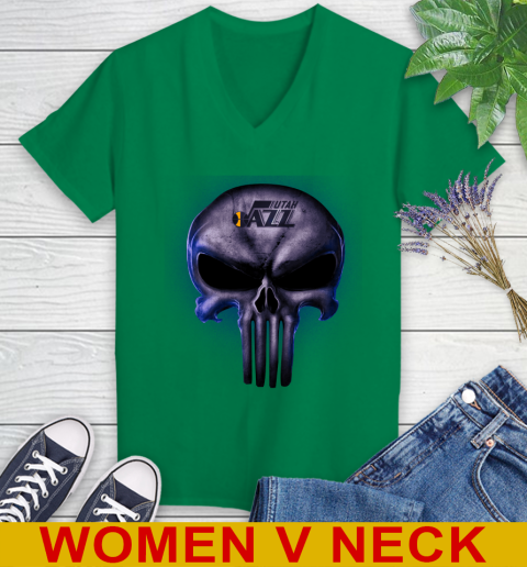 Utah Jazz NBA Basketball Punisher Skull Sports Women's V-Neck T-Shirt 5