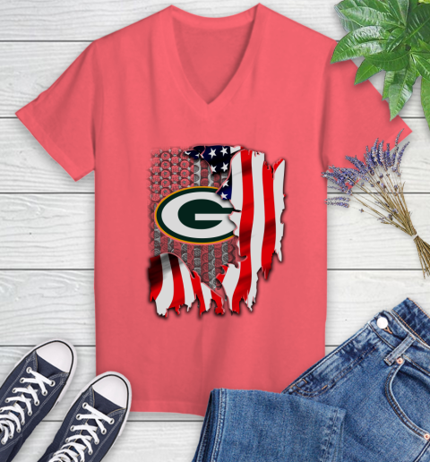 Green Bay Packers NFL Football American Flag Women's V-Neck T-Shirt 6