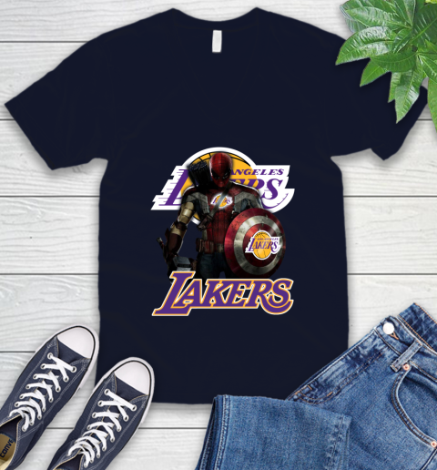 Los Angeles Lakers NBA Basketball Captain America Thor Spider Man Hawkeye Avengers V-Neck T-Shirt 3