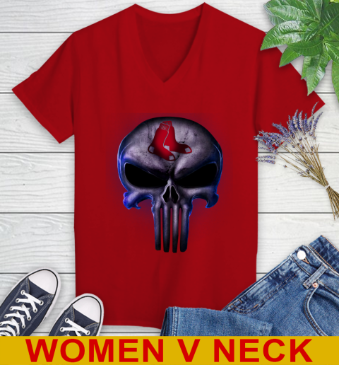 Boston Red Sox MLB Baseball Punisher Skull Sports Women's V-Neck T-Shirt 10