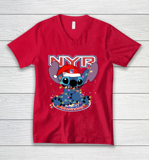 New York Rangers NHL Hockey noel stitch Christmas V-Neck T-Shirt 3