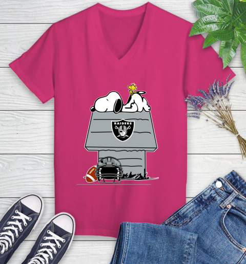 Oakland Raiders NFL Football Snoopy Woodstock The Peanuts Movie Women's V-Neck T-Shirt 9