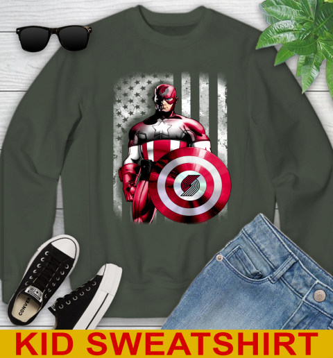 Portland Trail Blazers NBA Basketball Captain America Marvel Avengers American Flag Shirt Youth Sweatshirt 8