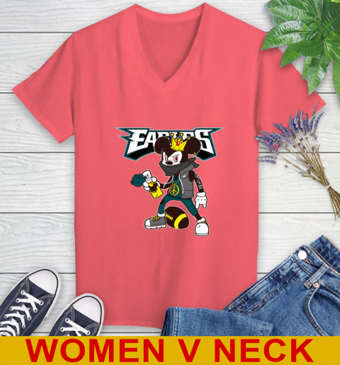 Philadelphia Eagles NFL Football Mickey Peace Sign Sports Women's V-Neck T-Shirt 7