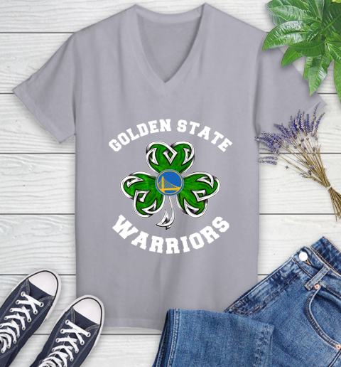 NBA Golden State Warriors Three Leaf Clover St Patrick's Day Basketball Sports Women's V-Neck T-Shirt 4