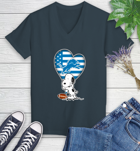 Detroit Lions NFL Football The Peanuts Movie Adorable Snoopy Women's V-Neck T-Shirt 8
