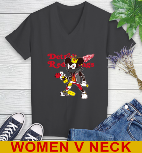 Detroit Red Wings NHL Hockey Mickey Peace Sign Sports Women's V-Neck T-Shirt 9