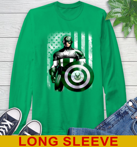 Milwaukee Bucks NBA Basketball Captain America Marvel Avengers American Flag Shirt Long Sleeve T-Shirt 8