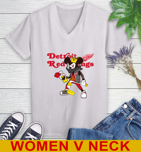 Detroit Red Wings NHL Hockey Mickey Peace Sign Sports Women's V-Neck T-Shirt