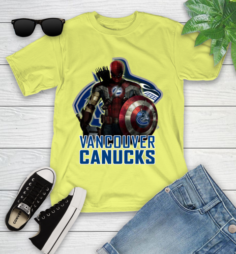NHL Captain America Thor Spider Man Hawkeye Avengers Endgame Hockey Vancouver Canucks Youth T-Shirt 8