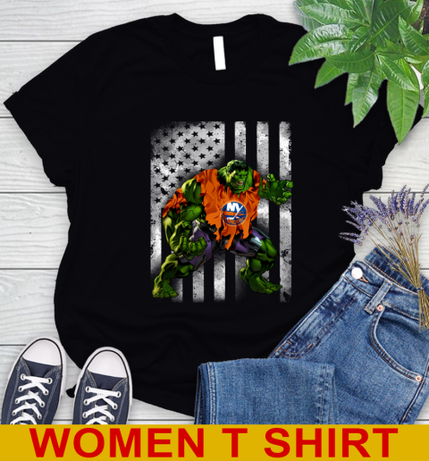 New York Islanders Hulk Marvel Avengers NHL Hockey American Flag Women's T-Shirt