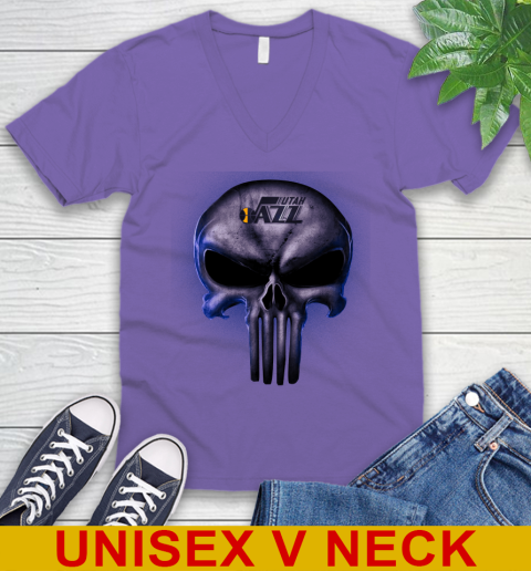 Utah Jazz NBA Basketball Punisher Skull Sports V-Neck T-Shirt 8