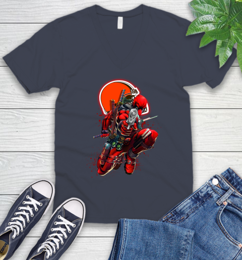 NFL Deadpool Marvel Comics Sports Football Cleveland Browns V-Neck T-Shirt 9