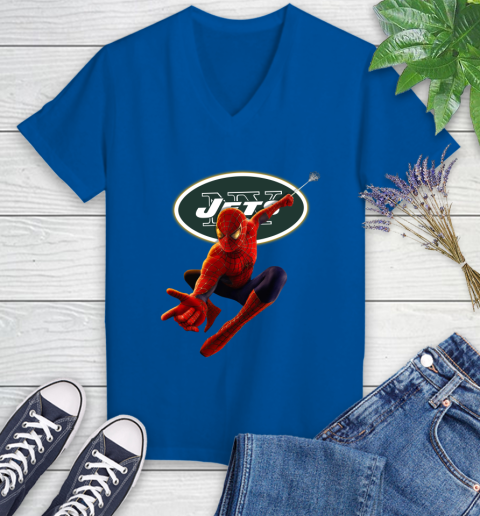 NFL Spider Man Avengers Endgame Football New York Jets Women's V-Neck T-Shirt 10
