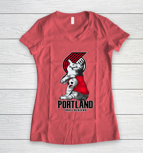 NBA Basketball My Cat Loves Portland Trail Blazers Women's V-Neck T-Shirt 4