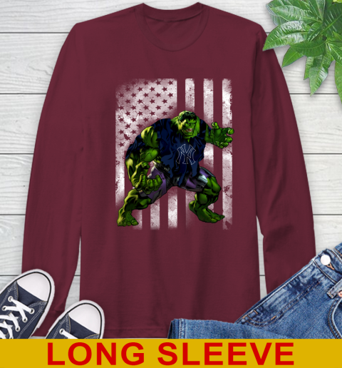 New York Yankees Hulk Marvel Avengers MLB Baseball American Flag Long Sleeve T-Shirt 7