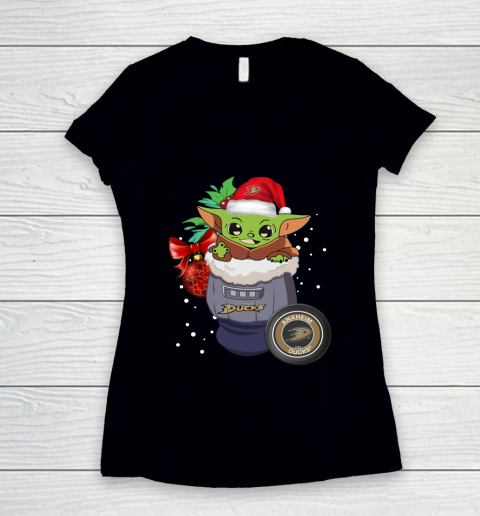 Anaheim Ducks Christmas Baby Yoda Star Wars Funny Happy NHL Women's V-Neck T-Shirt